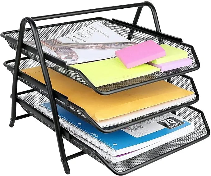 3 Tier Mesh Metal Desk Organiser File Rack Letter Tray A4 Papers Documents, File, Paper, Letter Holder Desk Organizer for Office (Black)