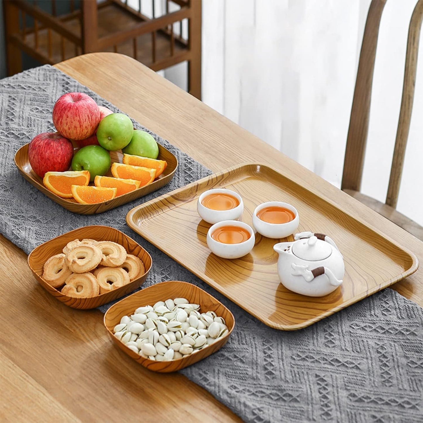 11 PCS Kitchen Wood Grain Square Dinner Plate Set for Snack,Fruit,Dessert Dishware with Serving Tray, Creative Plate,Unbreakable Tray Set Durable Service