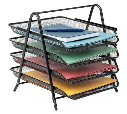 4 Tier Mesh Metal Desk Organiser File Rack Letter Tray A4 Papers Documents, File, Paper, Letter Holder Desk Organizer for Office (Black)