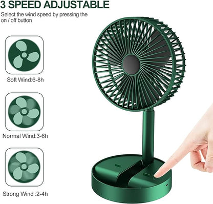 Fan Rechargeable, Foldable Small Desk Fan Table Fan, Telescopic 3 Speed Silent USB Fan for Home Bedroom Outdoor Camping