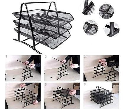 3 Tier Mesh Metal Desk Organiser File Rack Letter Tray A4 Papers Documents, File, Paper, Letter Holder Desk Organizer for Office (Black)