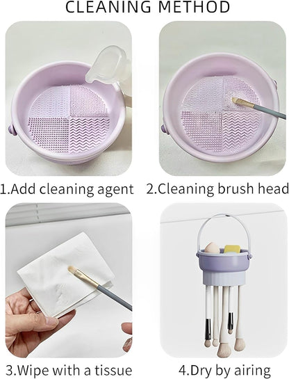 Makeup Brush Cleaning Mat, 3 In 1 Silicone Makeup Brush Cleaner Bowl with Brush Drying Holder, Makeup Brush Scrubber for Makeup Brush, Makeup Sponge,Powder Puff Washing Cleaning Tray