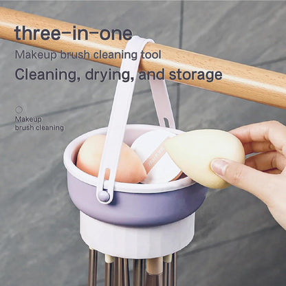 Makeup Brush Cleaning Mat, 3 In 1 Silicone Makeup Brush Cleaner Bowl with Brush Drying Holder, Makeup Brush Scrubber for Makeup Brush, Makeup Sponge,Powder Puff Washing Cleaning Tray