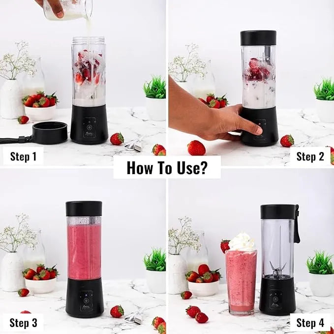 USB Rechargeable Blender Juicer Machine for Kitchen with 2000 mAh Battery, 150 Watts Motor, 400 ML 6 Blade Smoothie Maker Usb Juicer Bottle Blender