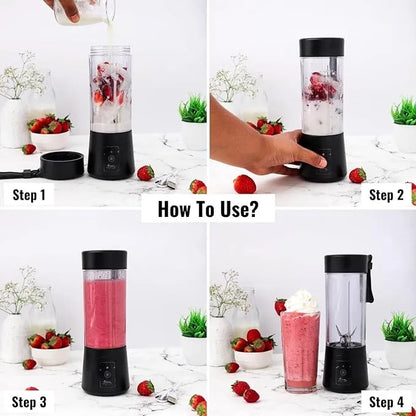 USB Rechargeable Blender Juicer Machine for Kitchen with 2000 mAh Battery, 150 Watts Motor, 400 ML 6 Blade Smoothie Maker Usb Juicer Bottle Blender