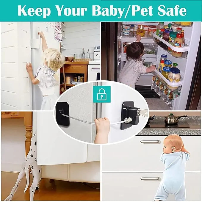 Child Safety Device Refrigerator Door Lock with Key and Adhesives, Cabinet Restrictor Cable for Baby and Toddler
