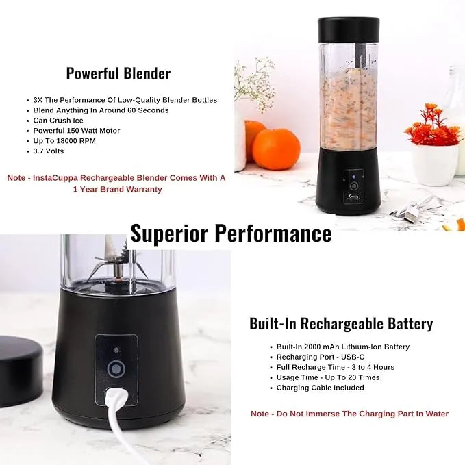 USB Rechargeable Blender Juicer Machine for Kitchen with 2000 mAh Battery, 150 Watts Motor, 400 ML 6 Blade Smoothie Maker Usb Juicer Bottle Blender