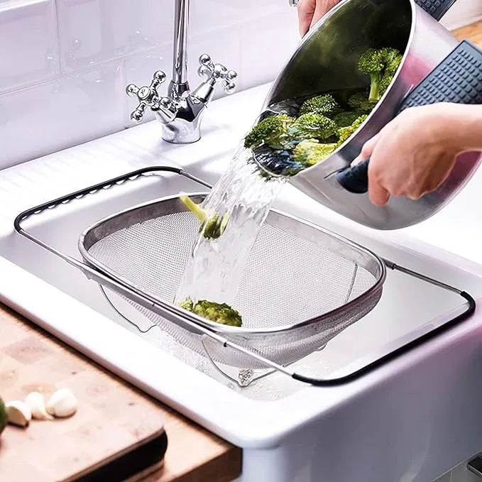 Stainless Steel Kitchen Sink Drain Basket Storage Dish Rack Adjustable Sink Colander Strainer Basket for Kitchen Sink with Rubber Grip Handle