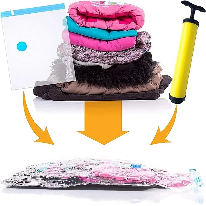 Vacuum Storage Bag Reusable,Space Saver, Clothes Organizer, Saree Blankets Packing Bags (5 PCS Vacuum Bag) with Hand Pump for Travel