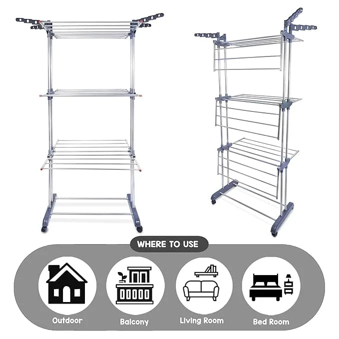 MILONI USA STEEL Stainless Steel Double Pole 3 Layer Stainless Steel Cloth Drying Stand with Hanger