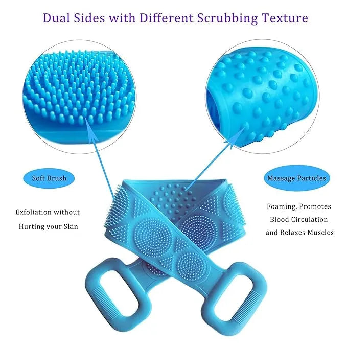 Silicone Body Back Scrubber Size 71x10cm, Double Side Bathing Brush for Skin Deep Cleaning Massage, Dead Skin Removal Exfoliating Belt for Shower, Easy to Clean, Lathers Well for Men & Women