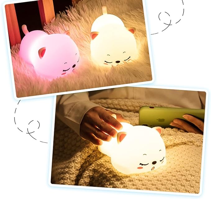 Cat Nursery Night Lights for Kids, Cute Animal Silicone Baby Night Light with Touch Sensor, USB Rechargeable Baby Girl Boys Gifts, Xmas Gifts for Toddler Kids