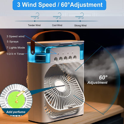 Portable Humidifier Air Cooler Fan Mini Cooler For Home With 3 Speed Mode, Mist Fan With Water Spray, 7 Color Led And Timer, Usb Personal Cooler Desk Fan(Usb Powered Mini Ac, Multicolor)