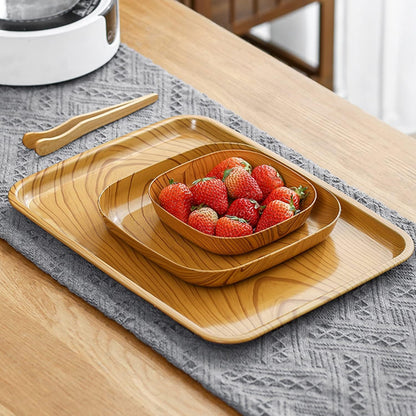 11 PCS Kitchen Wood Grain Square Dinner Plate Set for Snack,Fruit,Dessert Dishware with Serving Tray, Creative Plate,Unbreakable Tray Set Durable Service