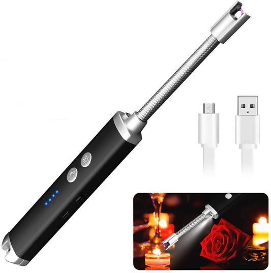 Kitchen Electric Arc Lighter with LED Torch - Storage / Hanging Hook - USB Rechargeable - Cable Included - 360 Degree Flexible Neck - Windproof Plasma Gas Lighter (Silver)