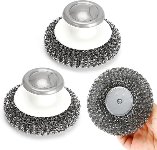 Stainless Steel Scrubber with Handle, Steel Wool Scrubber Tool for Cleaning Dishes, Scrubbing Scouring Brush Pad for Kitchen Pots, Pans, Sink