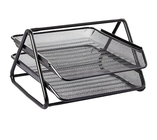 2 Tier Mesh Metal Desk Organiser File Rack Letter Tray A4 Papers Documents, File, Paper, Letter Holder Desk Organizer for Office (Black)