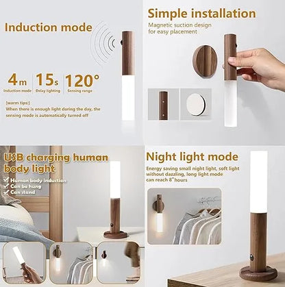 Wooden Finish Rechargeable LED Motion Sensor Night Light with Magnetic Attachment, Type C Port, Body Walking Sensor, Wall Light for Indoor