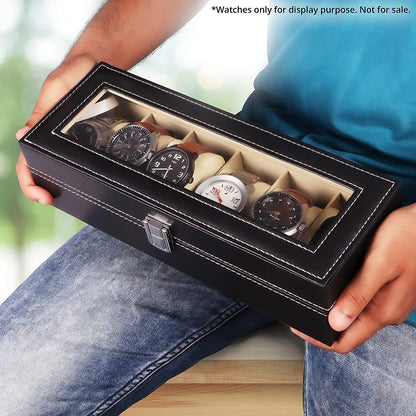 Watch Box Organizer - 6 Slot Watch Storage Holder and Display Collection Box with Transparent Glass - Watch Case Organiser for Men and Women