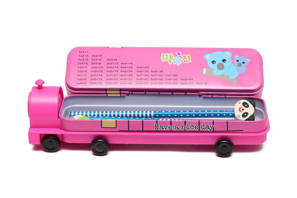 2 in 1 Cartoon Printed School Bus Shaped Pencil Compass Box and Toy for Kids with Wheels and Sharpener Metal (Pink)