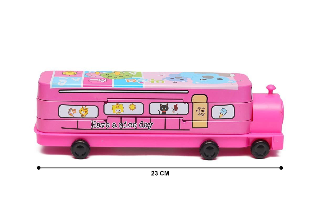 2 in 1 Cartoon Printed School Bus Shaped Pencil Compass Box and Toy for Kids with Wheels and Sharpener Metal (Pink)