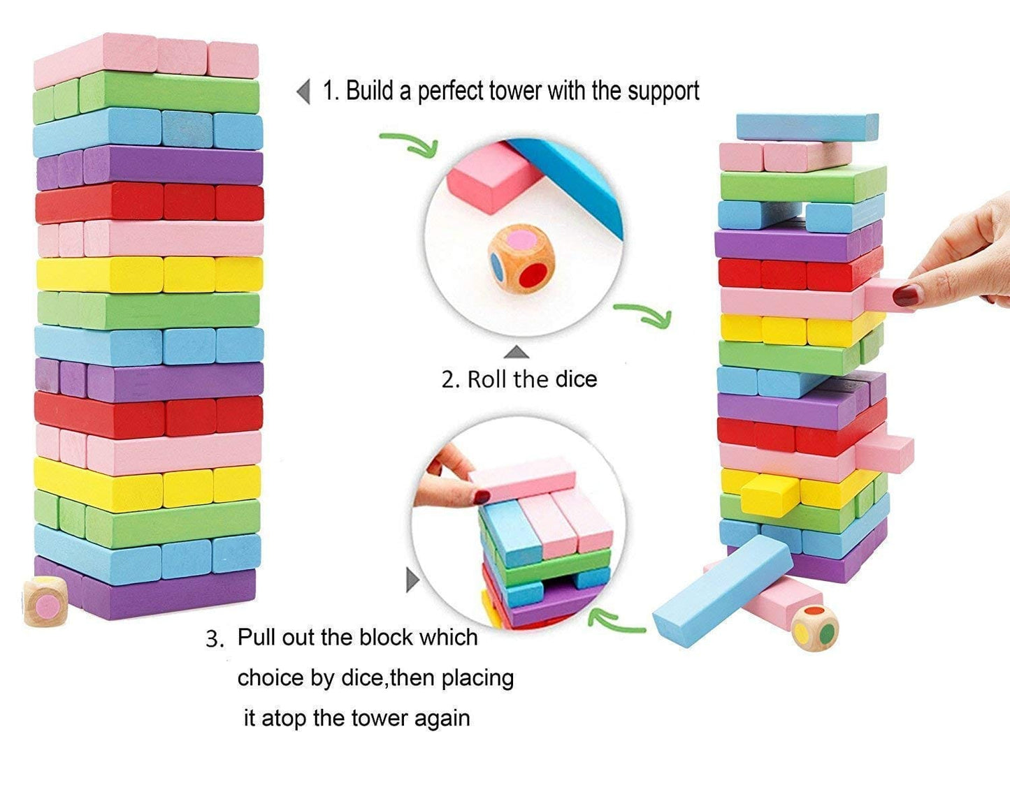 Wooden Blocks | Tumbling Tower Toys with Dices | Stacking & Balancing Games