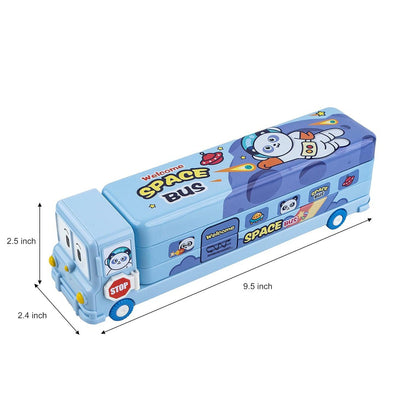 Space School Bus Shaped Pencil Box for Kids with Wheels and Sharpener Metal - (Space Design) Multicolor