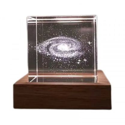 3D Moon Crystal Cube Laser Engraved with LED Base, Birthday Present Lamp Unique Night Light, Galaxy Glass Art Gifts