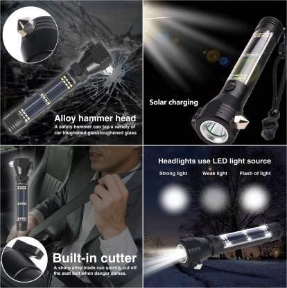 MILONI USA Aluminum 7 Mode Rechargeable Solar LED Torch Light High Power Long Distance with LED Torch Flashlight Use for Car Emergency Tool with Window Breaker, Magnet, Cutter, Compass.