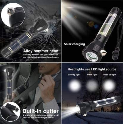 VODIQ Aluminum 7 Mode Rechargeable Solar LED Torch Light High Power Long Distance with LED Torch Flashlight Use for Car Emergency Tool with Window Breaker, Cutter, Compass, Magnet