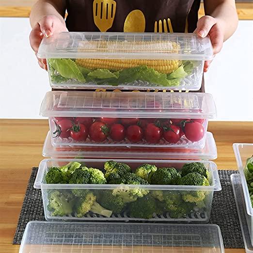 Fridge Storage Boxes Organizer With Removable Drain Plate & Lid Stackable Fridge Storage Containers Plastic Storage For Fish Meat Vegetables Fruits 1500ml (Pack of 4)