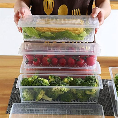 Fridge Storage Boxes Organizer With Removable Drain Plate & Lid Stackable Fridge Storage Containers Plastic Storage For Fish Meat Vegetables Fruits 1500ml (Pack of 4)