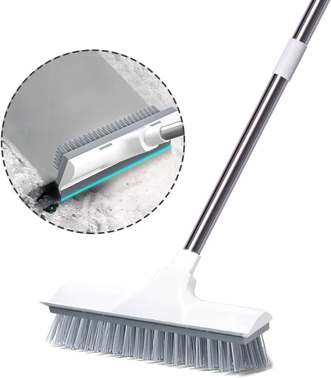 MECHBORN 2 in 1 Bathroom Cleaning Brush Floor Scrub Bathroom Brush with Long Handle Floor Scrub Cleaning Brush with Wiper for Kitchen, Bathroom,Wall and Deck (2 in 1 Floor Brush (White))