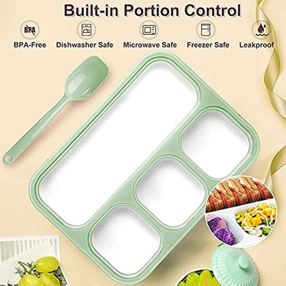 Leak Proof 4 Compartment Bento Box Microwave Freezer Safe Food Containers with Spoon for Adults and Kids PP Food Grade Plastic (4 Partition Classic)