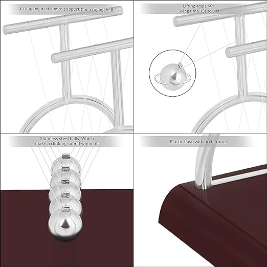 Newton Cradle Pendulum Metal Perpetual Motion Toy & Swing Balance Collision Ball Decoration Figurine with Polished Plastic Base & Nylon Strings for Office Classic Desk Toy