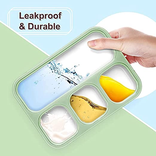 Leak Proof 4 Compartment Bento Box Microwave Freezer Safe Food Containers with Spoon for Adults and Kids PP Food Grade Plastic (4 Partition Classic)