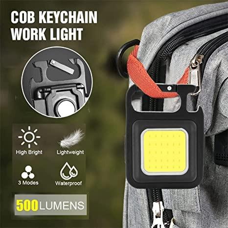 Mini LED COB Flashlight , Keychain Light,500 Lumen Rechargeable Flashlights, 4 Light Modes Portable Pocket Light with Folding Bracket Bottle Opener for Camping Emergency Fishing
