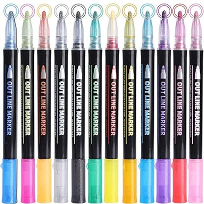 MILONI USA Marker Pens Set Double Line Metallic Outline Markers Pens Glitter -12pcs Permanent Marker Pens Set for DIY Art Crafts, Coloring and Sketching Pens for Kids