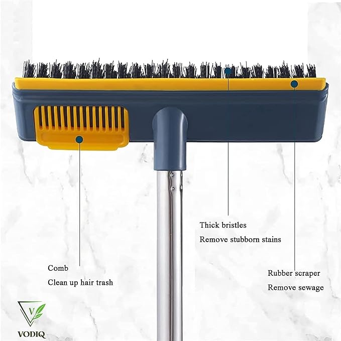 VODIQ Floor Scrub Brush with Squeegee, 2 in 1 Scrape Brush with Firm Long Handle Stiff Bristle Scrubber for Cleaning Tub Tile Bathroom Patio Kitchen Wall Deck with a Free Toilet Brush (Green)