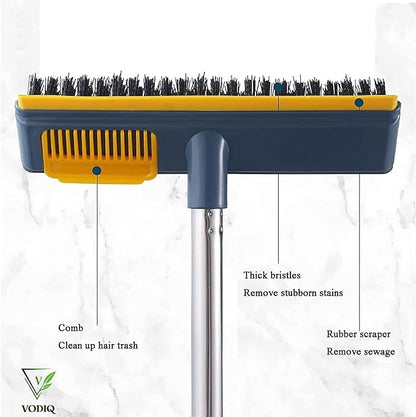 VODIQ Floor Scrub Brush with Squeegee, 2 in 1 Scrape Brush with Firm Long Handle Stiff Bristle Scrubber for Cleaning Tub Tile Bathroom Patio Kitchen Wall Deck with a Free Toilet Brush (Green)