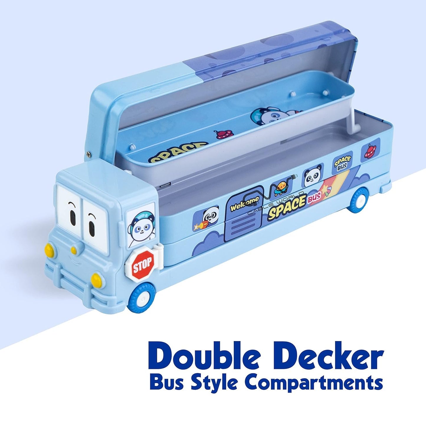 MECHBORN Space School Bus Shaped Pencil Box for Kids with Wheels and Sharpener Metal - (Space Design) Multicolor (Space Bus Pencil Box)