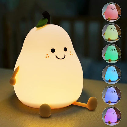 VODIQ Night Light Pear Cute LED Nursery Nightlight Lamp, Tap Control Squishy Silicone, USB Rechargeable Bedside Lamp for Bedroom, Warm White & 7 Colors, Christmas Gift for Kids Girls Boys