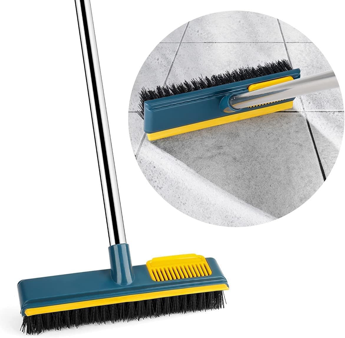 VODIQ Floor Scrub Brush with Squeegee, 2 in 1 Scrape Brush with Firm Long Handle Stiff Bristle Scrubber for Cleaning Tub Tile Bathroom Patio Kitchen Wall Deck with a Free Toilet Brush (Green)