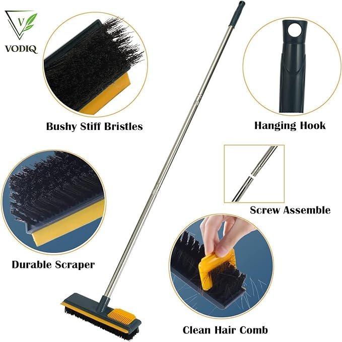 VODIQ Floor Scrub Brush with Squeegee, 2 in 1 Scrape Brush with Firm Long Handle Stiff Bristle Scrubber for Cleaning Tub Tile Bathroom Patio Kitchen Wall Deck with a Free Toilet Brush (Green)