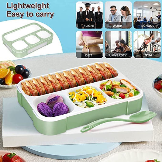 Leak Proof 4 Compartment Bento Box Microwave Freezer Safe Food Containers with Spoon for Adults and Kids PP Food Grade Plastic (4 Partition Classic)