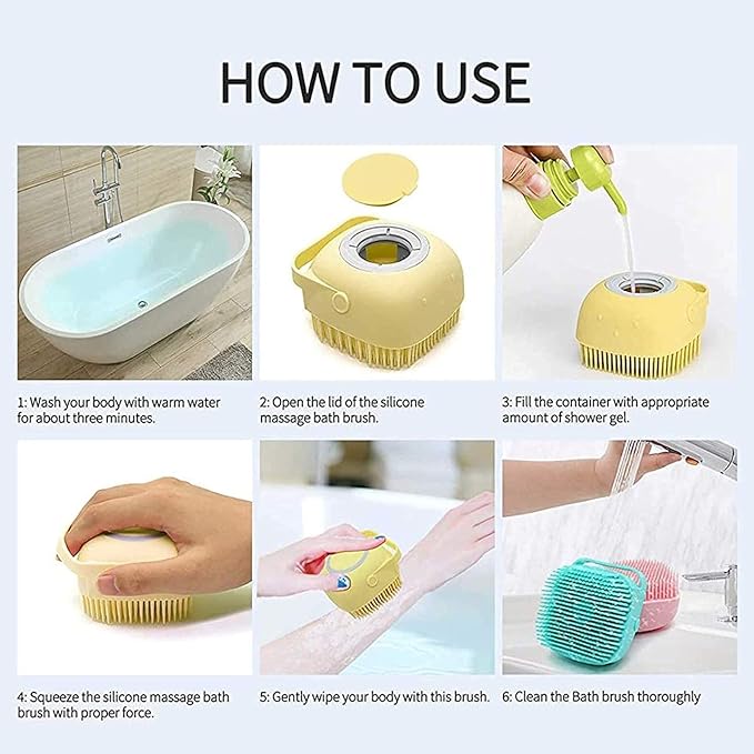 MILONI USA Silicon Massage Bath Brush Hair, Scalp & Bathing Brush For Cleaning Body Silicon Wash Scrubber, Cleaner & Massager For Shampoo, Soap Dispenser Bathing Tool Brushes, Bathroom (Silicon)