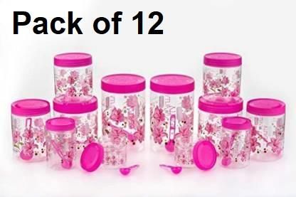 Container-Plastic Round Stroage Jar's & Container With Spoon Kitchen Storage Containers, Airtight Kitchen Containers, Storage Containers For Kitchen, Tea, Coffee, Sugar, Food, Masala, Pasta, Spices, Grocery Container (Pink , Pack Of 12)