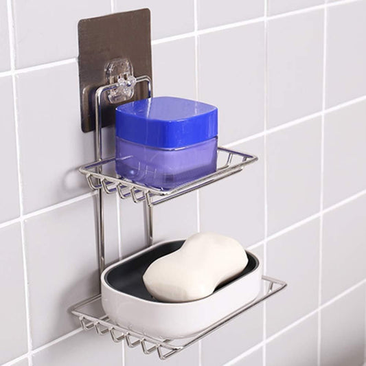 Soap Dish Holder-Wall Mounted Double Layered  Stainless Steel Soaps Storage Rack with Hook