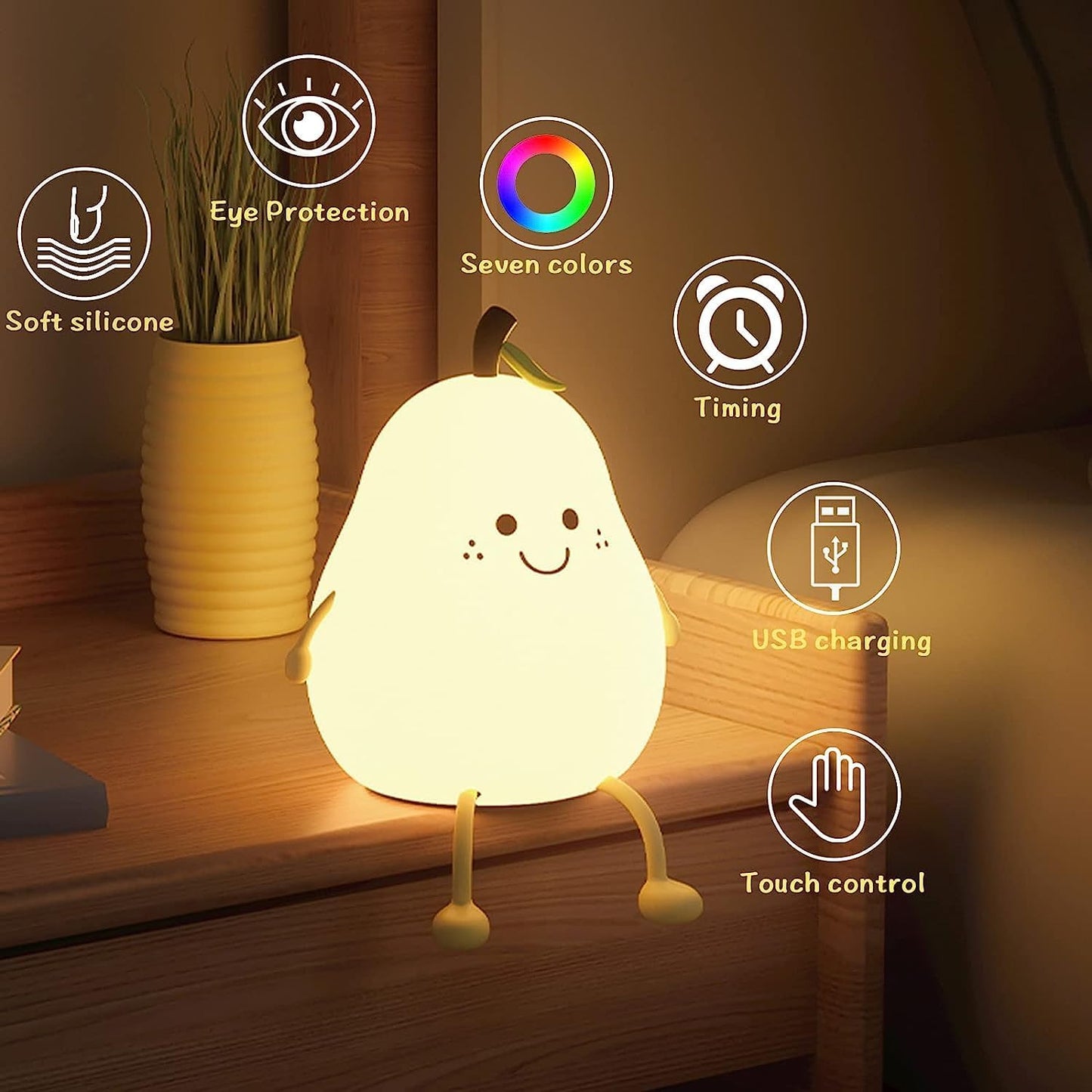 VODIQ Night Light Pear Cute LED Nursery Nightlight Lamp, Tap Control Squishy Silicone, USB Rechargeable Bedside Lamp for Bedroom, Warm White & 7 Colors, Christmas Gift for Kids Girls Boys