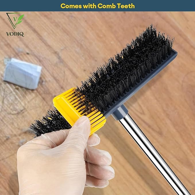 VODIQ Floor Scrub Brush with Squeegee, 2 in 1 Scrape Brush with Firm Long Handle Stiff Bristle Scrubber for Cleaning Tub Tile Bathroom Patio Kitchen Wall Deck with a Free Toilet Brush (Green)